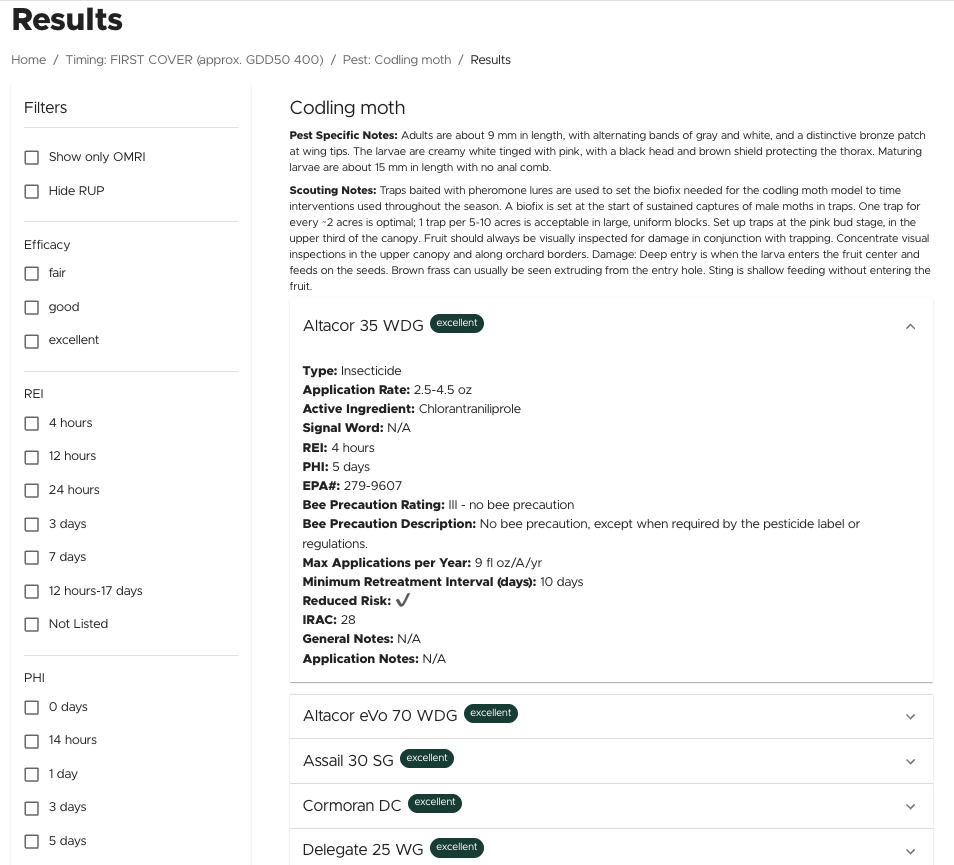 Screenshot of the Apple Decision Tool results page for codling moth. Filters for efficacy, re-entry interval and preharvest interval appear on the left. The page includes pest-specific and scouting notes and a list of recommended controls with expandable pesticide details.